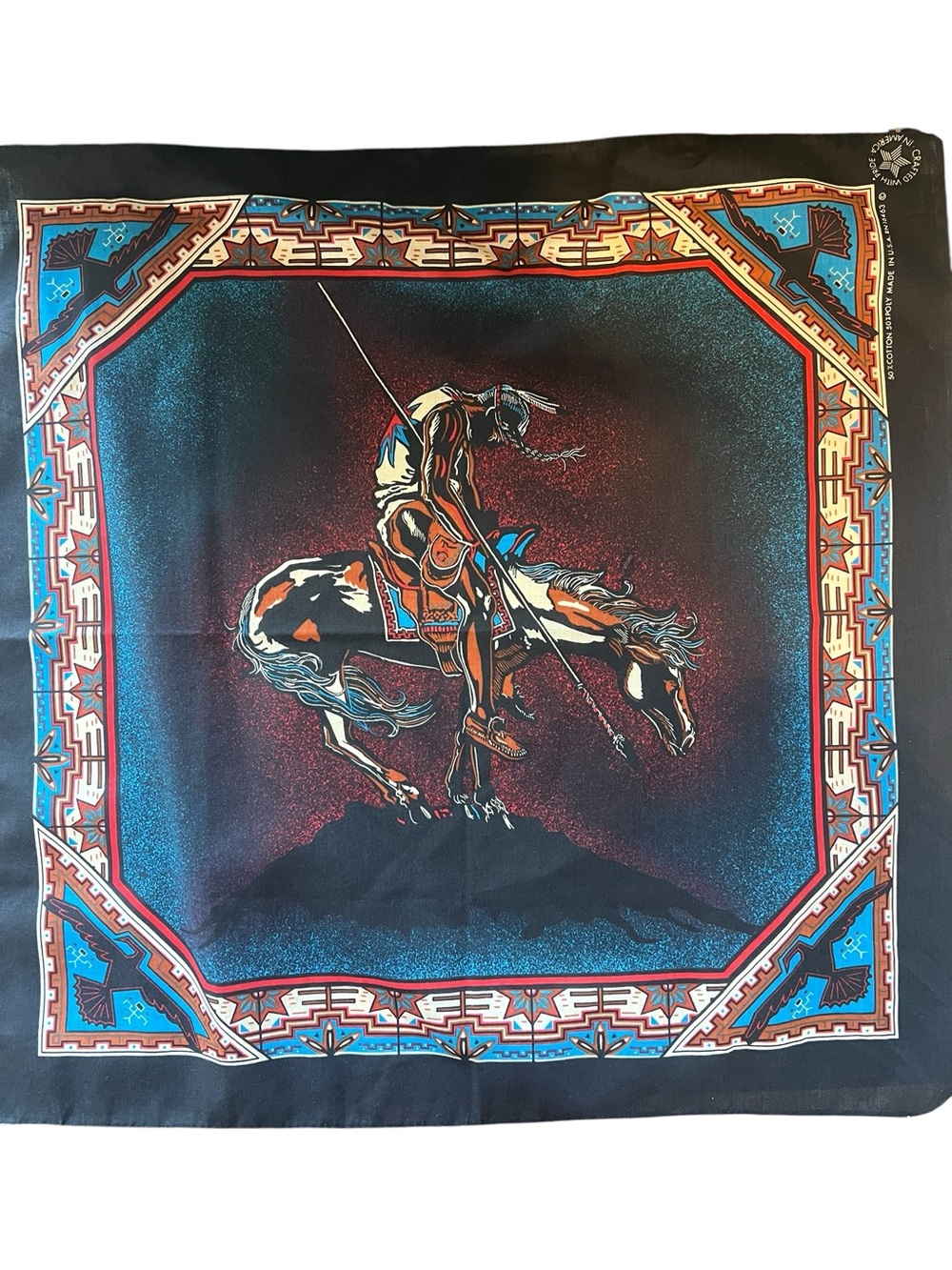 3/$20 True Vintage Bandana 80s/90s Western Indigenous “End of the Trail” Artwork